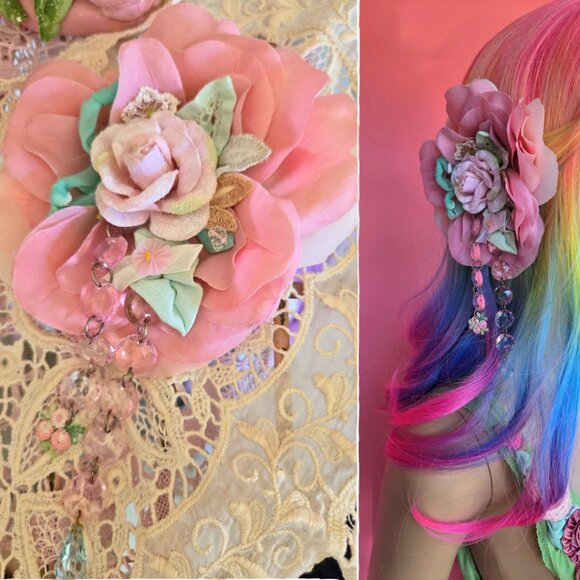 "Pink Shimmer Rose" Handmade Hair Clip - Velvet Rose and Vintage Upcycle Flapper - Picture 15 of 15